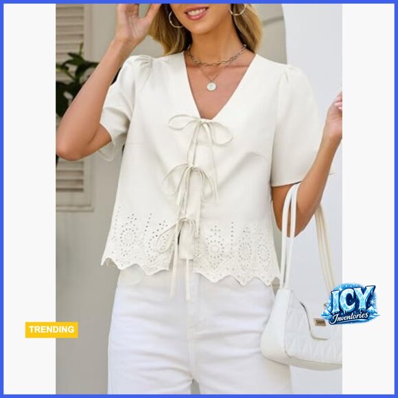 Cotton Lyocell Tie Front Crop Top with Eyelet Embroidery and Puff Sleeves - Picture 6 of 7